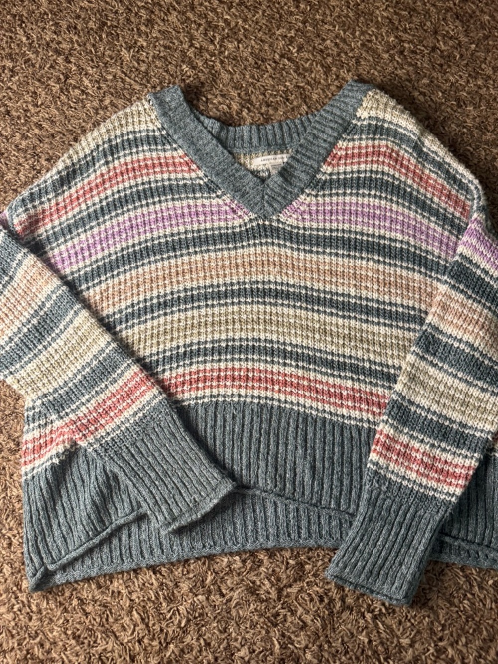 American Eagle Outfitters Striped V-Neck Sweater in Blue, Cream, Pink‎ and Tan